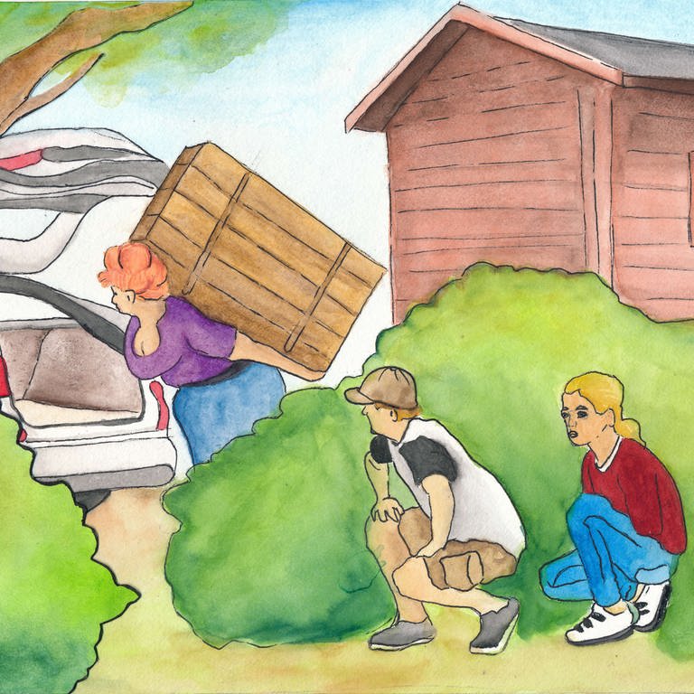 Illustration zum Hörspiel: zwei Kinder beobachten eine Frau mit einer Kiste