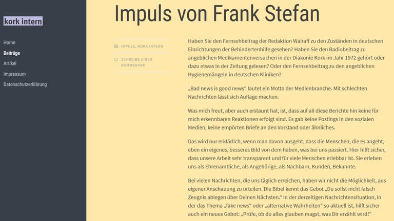 Screenshot eines Blogs der Diakonie Kork zum Thema (Foto: SWR, http://fstefan1960.de/beitraege/page/4/ -)
