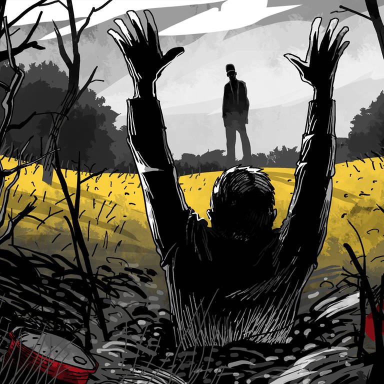 Illustration zum ARD Radio Tatort "Gift" von Tom Peuckert - Ein Mann steckt neben Giftfässern im Sumpf fest