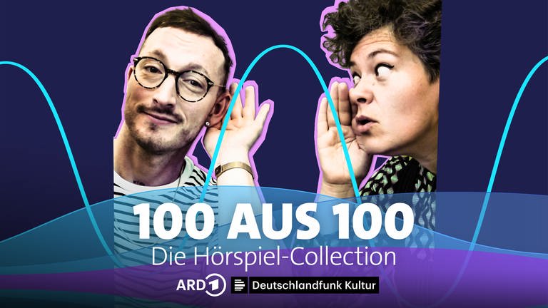 Cover für die Reihe "100 aus 100 - Die Hörspiel-Collection" mit den Hosts Jörg Albrecht und Nora Gomringer