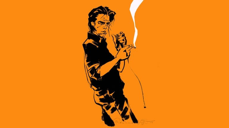 Illustration zum Hörspiel "The Sick Bag Song" von Nick Cave: gezeichnetes Porträt des jungen Nick Cave