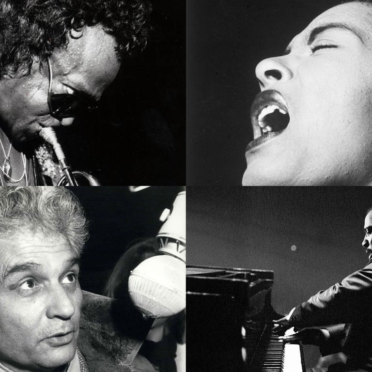 Bildmontage mit Portraits von Jacques Derrida, Miles Davis, Billie Holiday und Thelonious Monk (Foto: IMAGO, ZUMA/Keystone, Library of Congress, United Archives)