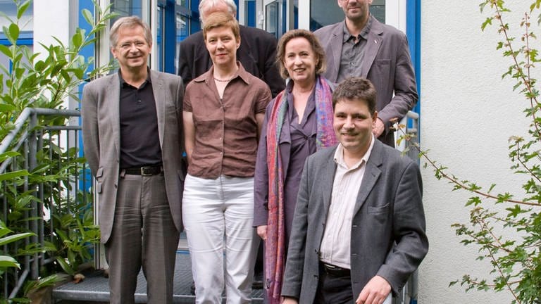 Jurymitglieder des Karl-Sczuka-Preises. V.li.n.re.: Ekkehard Skoruppa, Prof. Dr. Klaus Ramm (verdeckt), Dr. Margaret Zander, Prof. Dr. Christina Weiss, Helmut Oehring, Marcel Beyer (im Vordergrund).
