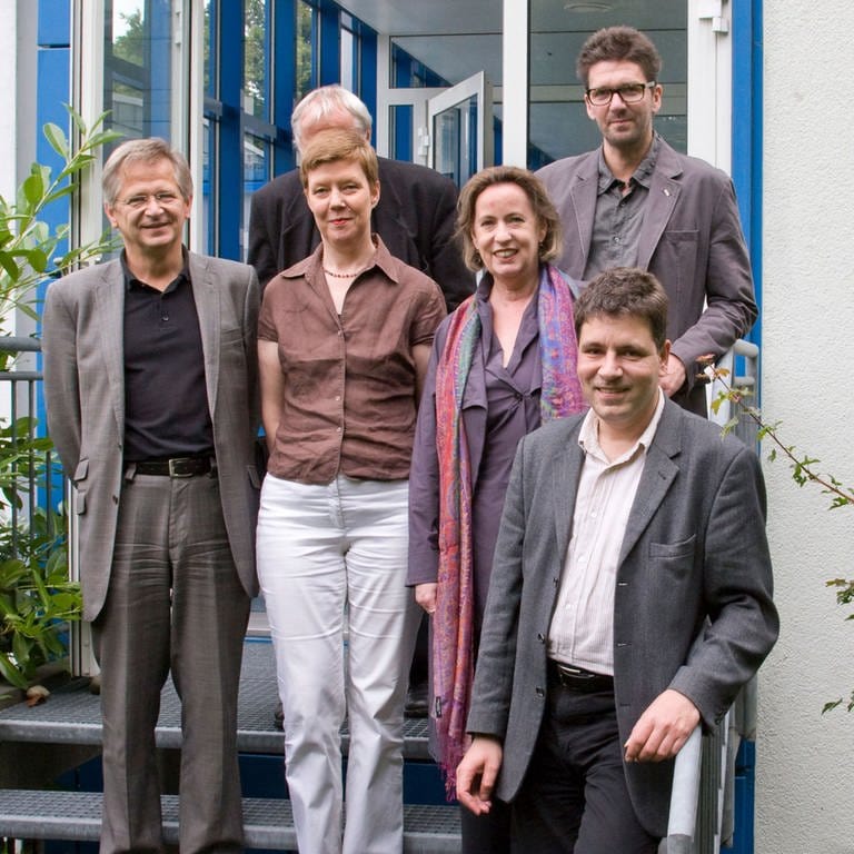 Jurymitglieder des Karl-Sczuka-Preises. V.li.n.re.: Ekkehard Skoruppa, Prof. Dr. Klaus Ramm (verdeckt), Dr. Margaret Zander, Prof. Dr. Christina Weiss, Helmut Oehring, Marcel Beyer (im Vordergrund).