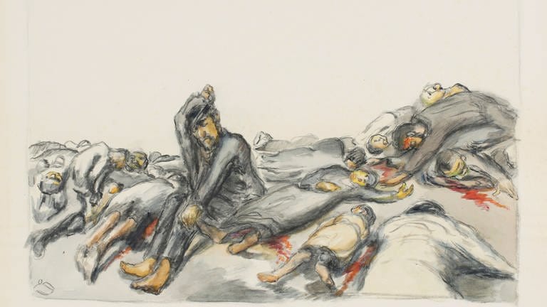 Ludwig Meidner (1884 − 1966), "Klagender unter Toten", aus dem Zyklus "Leiden der Juden in Polen" oder "Massacres in Poland", Großbritannien, London, 1942 – 1945, Aquarell, Kohle.
