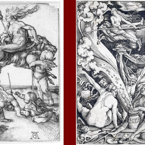 Die Hexe, nach einem Kunstwerk von Albrecht Dürer, um 1510 (links) und Hexentanzplatz, nach einem Gemälde vonHans Baldung Grien, ca 1630. (Foto: IMAGO, H. Tschanz-Hofmann)