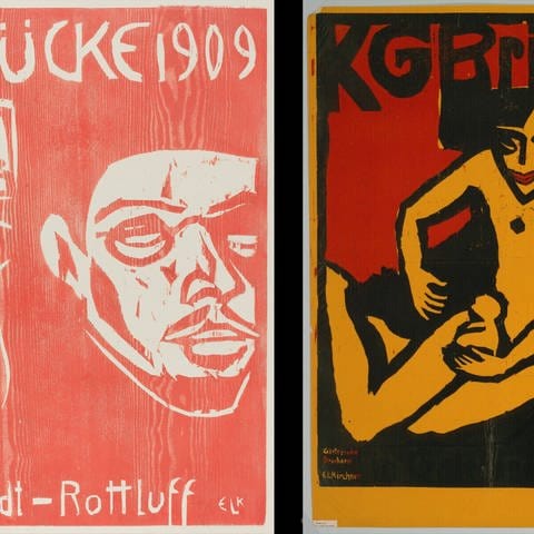 Cover of the Fourth Yearbook of the Artist Group the Brucke, 1909. Creator: Ernst Kirchner (left) Ernst Ludwig Kirchner KG bridge. Color cutting, pressure of 2 sticks in black and red on yellow paper 1910.