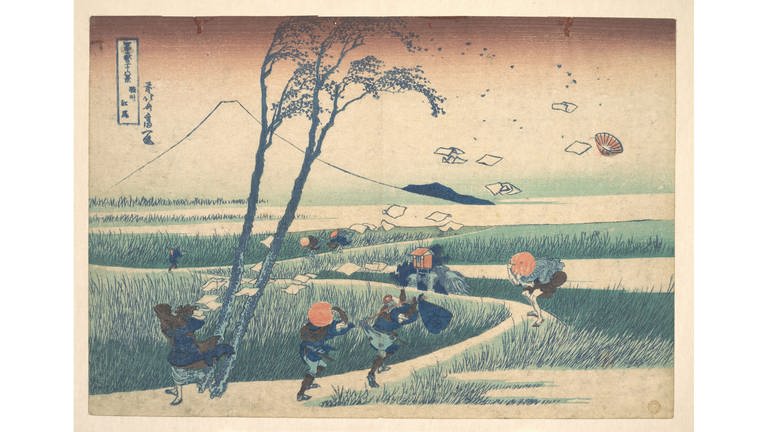 Ejiri in Suruga Province (Sunshu Ejiri), from the series Thirty-six Views of Mount Fuji (Fugaku sanjurokkei), Edo period (16151868), ca. 183032, Japan, Polychrome woodblock print; ink and color on paper, 10 x 14 35 in. (25.4 x 37.1 cm), Prints, Katsushika Hokusai (Japanese, Tokyo (Edo) 17601849 Tokyo (Edo))