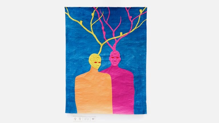 Fabian Widukind Penzkofer: Stickerei und Acrylfarbe auf Stoff, Aus der Serie ‚Bots‘, 157 x 120 cm, 2023 – auf der art KARLSRUHE 2024