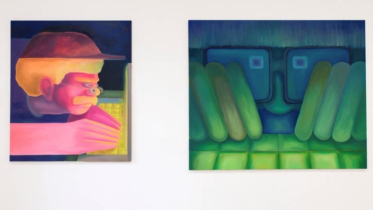 André Wendland: Socializing (2023), oil on linen , 140x120 cm;  Ordering Pickles online (2023), oil on canvas , 150x180 cm – Sonderausstellung „Academy Square“ auf der art KARLSRUHE 2024