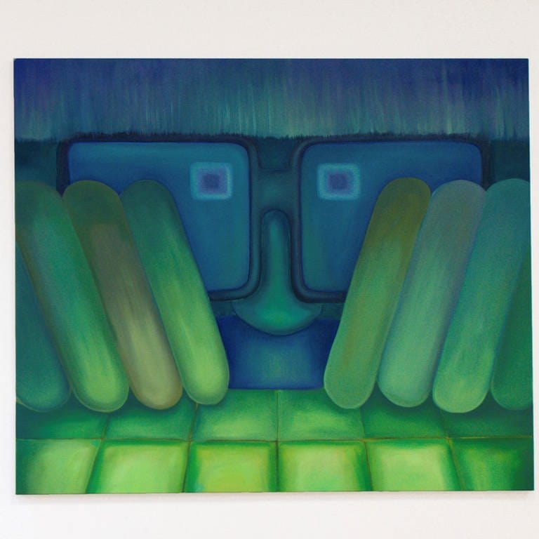 André Wendland: Socializing (2023), oil on linen , 140x120 cm;  Ordering Pickles online (2023), oil on canvas , 150x180 cm – Sonderausstellung „Academy Square“ auf der art KARLSRUHE 2024 (Foto: privat - Künstler)