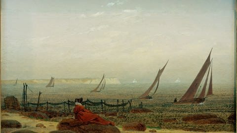 Caspar David Friedrich: 'Frau am Meer', um 1818. Im Hintergrund die Kreideküste von Ruegen mit Kap Arkona. Oel auf Leinwand, 21 x 29,5 cm. 