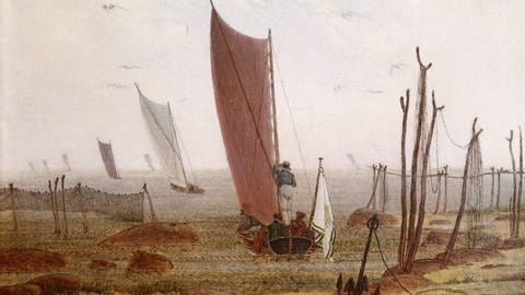 Gemälde „Morgen (Ausfahrt der Boote)“ von Caspar David Friedrich, Öl auf Leinwand, 22 cm x 30,5 cm, um 1817,