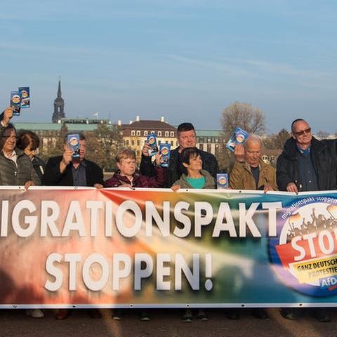 Mitglieder der Meißener AfD demonstrieren gegen den Migrationspakt der UN. (Foto: picture-alliance / dpa, picture-alliance / dpa - Foto: Monika Skolimowska)