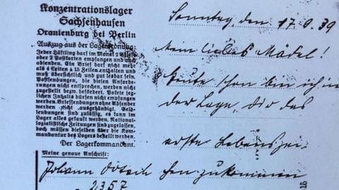 Brief von Johann Dötsch an seine Frau aus dem KZ Sachsenhausen im Oktober 1939, mit Anordnung vom Lagerleiter, u.a. wird die Anzahl der Postkarten vorgeschrieben