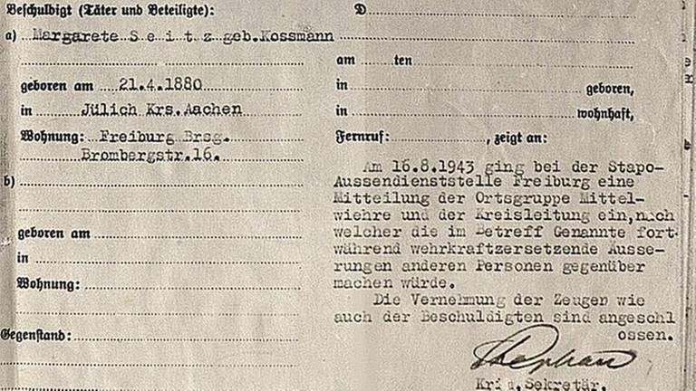 Die Strafanzeige gegen Margarete Seitz, Dokument aus dem Staatsarchiv Freiburg (Foto: Pressestelle, Staatsarchiv Freiburg - F 176/1/528)