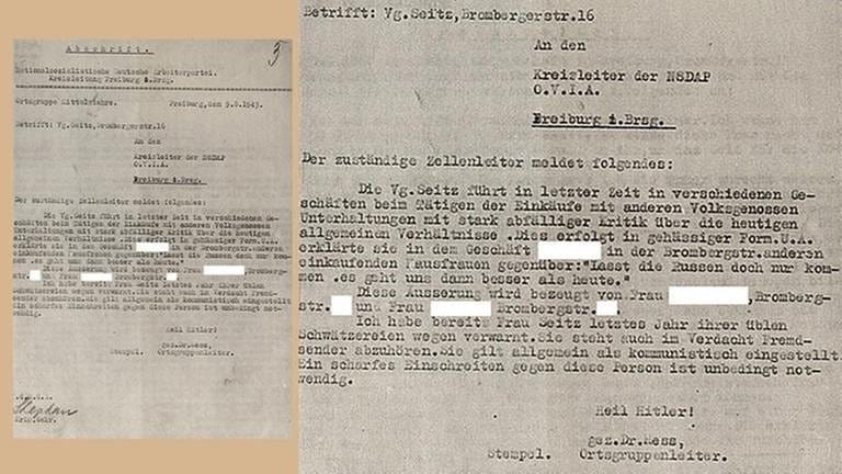 Kopie eines Dokuments aus dem Staatsarchiv Freiburg: es belegt den Verrat an Margarete Seitz, zwei Frauen (im Text unkenntlich gemacht) werden als Zeuginnen genannt