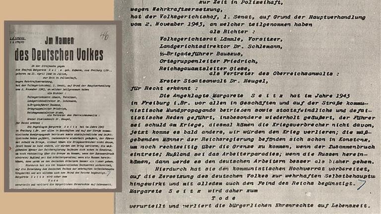 Abbildung des Todesurteils von Margarete Seitz, Dokument aus dem Staatsarchiv Freiburg