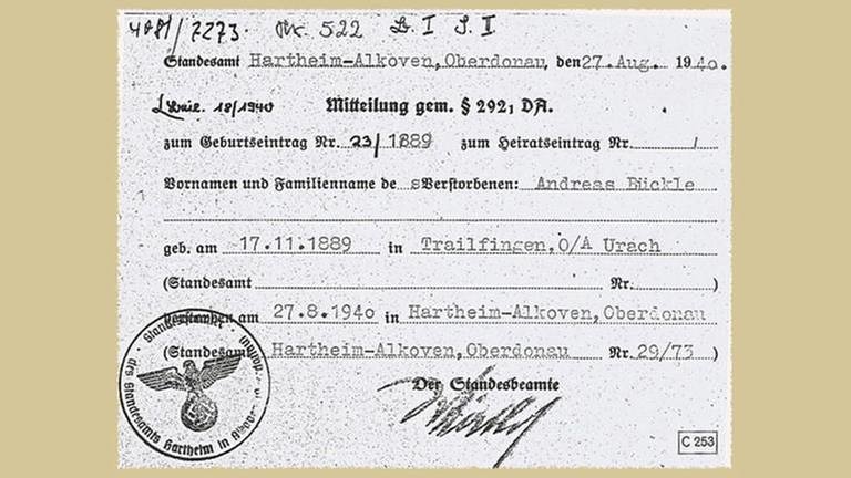 Abbildung des Totenscheins von Andreas Bückle mit gefälschtem Todesdatum (Foto: Pressestelle, Ludwig Tampe -)