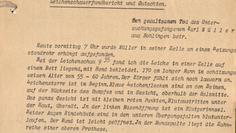 Kopie aus der Akte Karl Müllers, Gutachten des Arztes zum Tod (Foto: Pressestelle, Staatsarchiv Freiburg -)