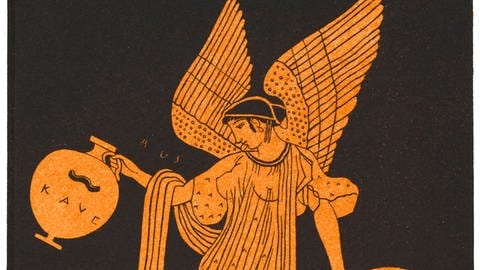 Rotfigure Vasenmalerei mit Darstellung der geflügeltenn Göttin Eos. In den Händen trägt sie zwei Amphoren. (Foto: IMAGO, IMAGO / Gemini Collection)