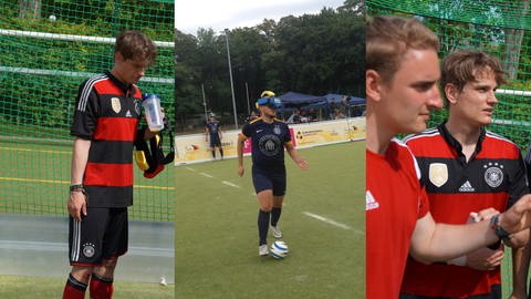 Eindrücke von Taime Kuttig, der links und rechts im Bild zu sehen ist. Das mittlere Bild zeigt einen fussbalspielenden Blinden. (Foto: Rainer Schildberger)