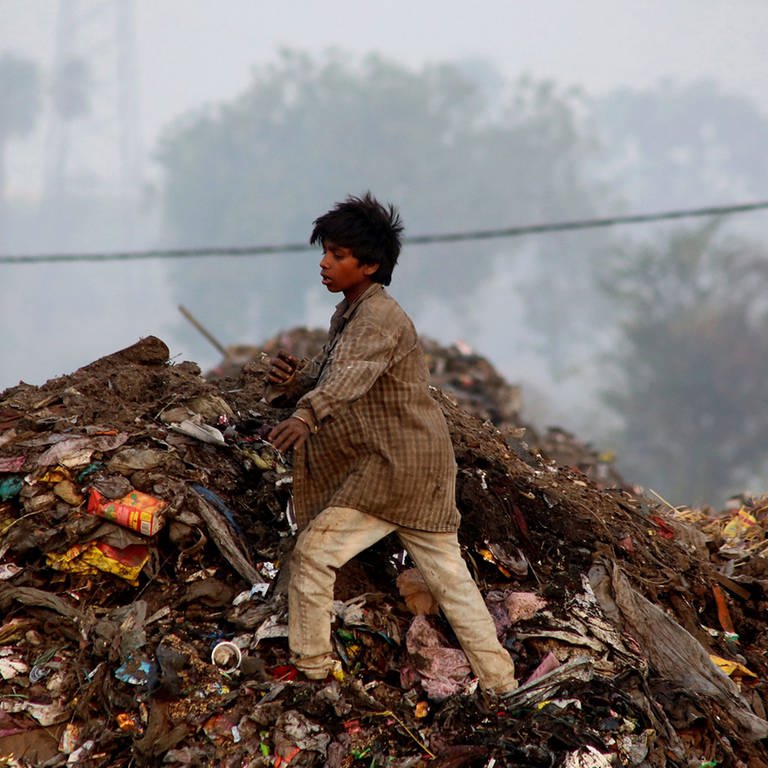 Ein Junge sammelt am Vorabend des Weltumwelttages in Bhopal, Indien, 