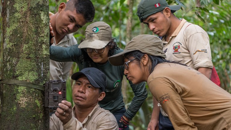 Mónica Paredes Obando, FZS-Mitarbeiterin in Iquitos, erklärt SERNANP-Parkwächtern den Einsatz der Trail-Kamera (Foto: ZGF)