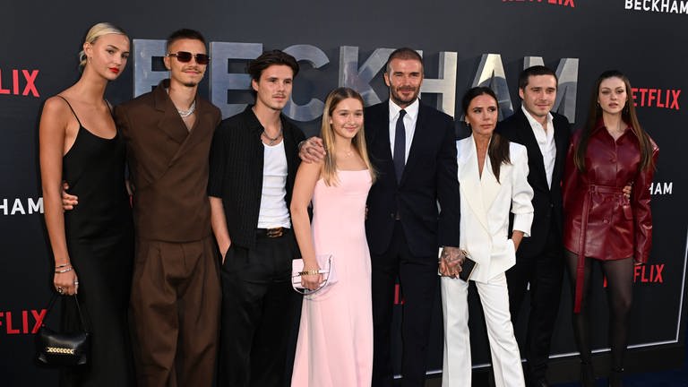 Mia Regan, Romeo Beckham, Cruz Beckham, Harper Beckham, David Beckham, Victoria Beckham, Brooklyn Beckham and Nicola Peltz attend the Netflix UK Premiere of 'Beckham' at The Curzon Mayfair in London. OCTOBER 3rd 2023