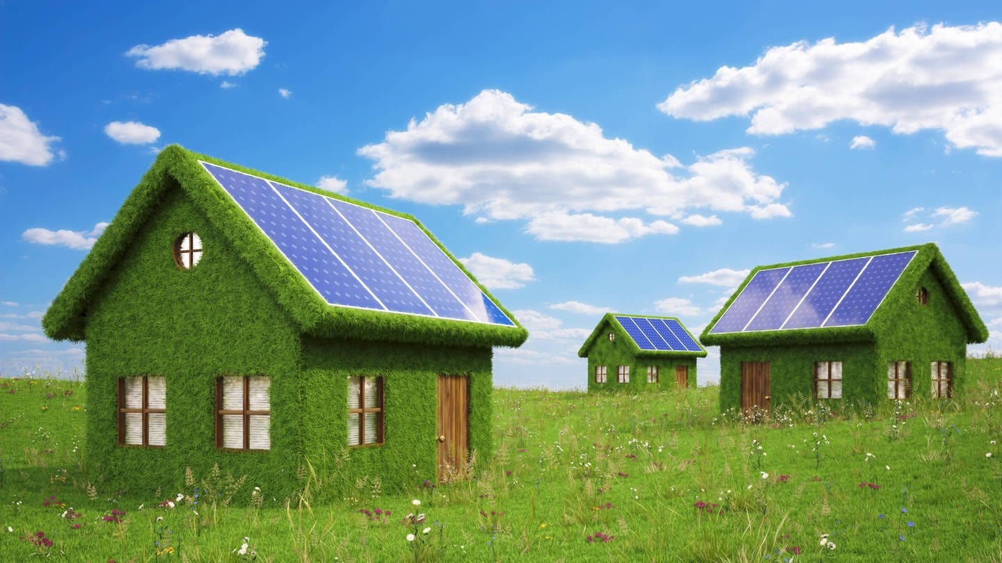 houses from the grass with solar panels on the roof (Foto: IMAGO, xDmytroxDemianenkox/xDesignxPicsx , 32081183 PUBLICATIONxINxGERxSUIxAUTxONLY)