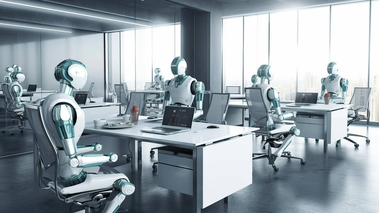 Ein futuristisches, modernes Büro in dem AI Roboter die Arbeit erledigen, weiße Roboter am Schreibtisch vor Monitoren (Foto: IMAGO, IMAGO / imagebroker)