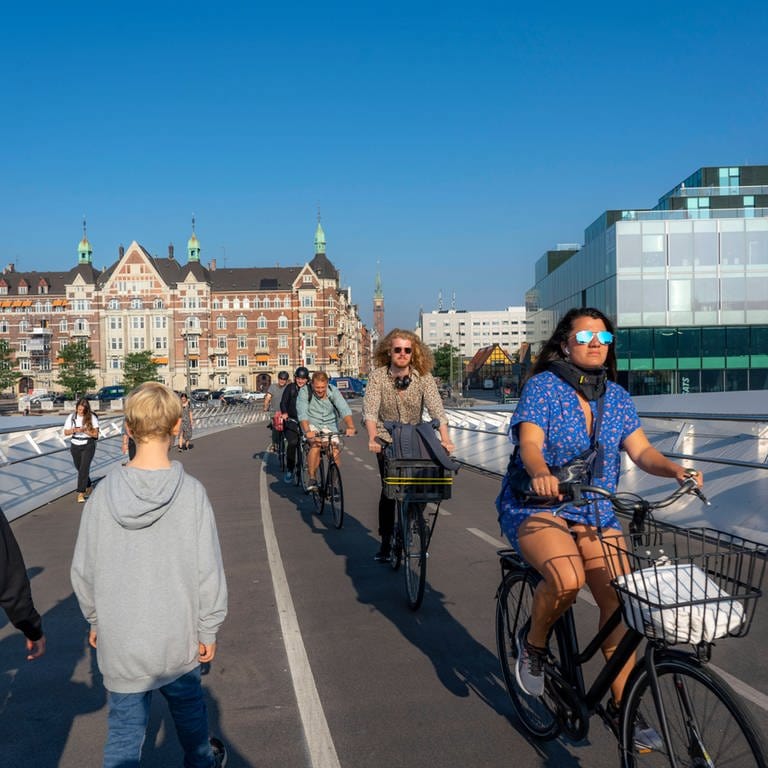 Radfahrer auf der Rad- und Gehwegbrücke Lille Langebro über den Hafen, Kopenhagen
