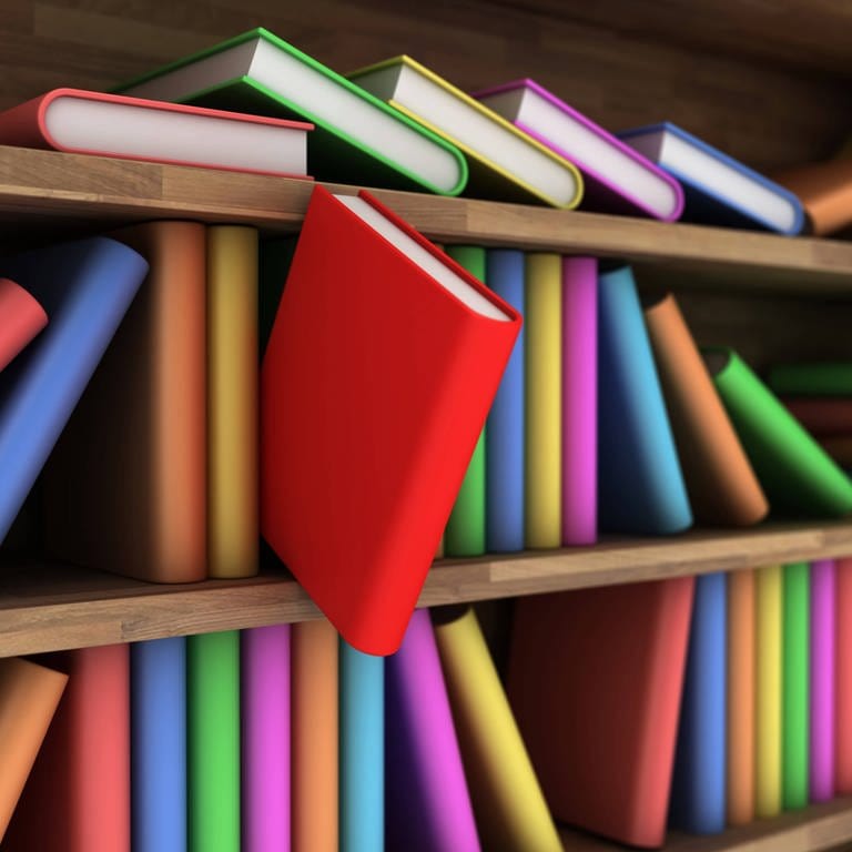 Illustration of a bookcase with a books different colour (Foto: IMAGO, xViktoriyaxMalovax/xDesignxPicsx , 31965177 PUBLICATIONxINxGERxSUIxAUTxONLY Copyright: SergiyxSerdyukx/xDesignxPics 31965177)