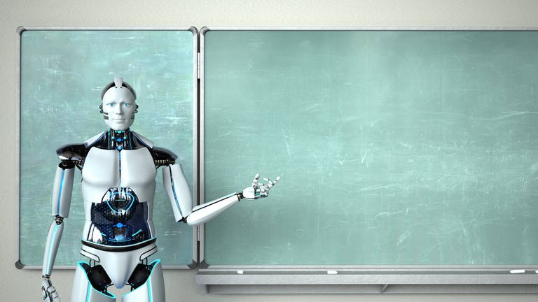 Humanoid Robot Chalkboard Teacher Humanoid robot in the classroom with a green chalkboard