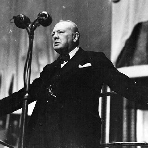 Photograph of Winston Churchill (1874-1965) speaking at the Albert Hall . Dated 1944