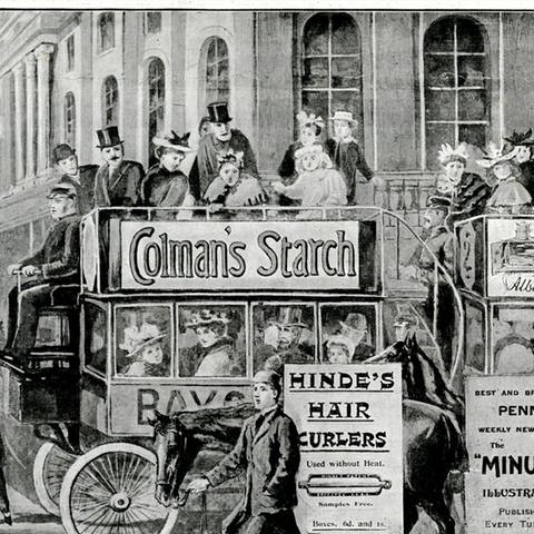 Horseless carriage 1896 Advertisements on the side of open-top carriage in the streets of London