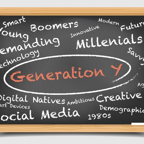 Detailed illustration of a Generation Y wordcloud on a blackboard. Symbolfoto