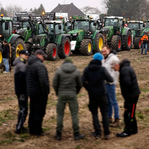 Teilnehmer der Bauernproteste fahren in Köln mit ihren Traktoren im Korso und präsentieren dabei Schilder mit Aufschriften, die Schluss mit der ideologischen Politik und das Ende der Ampel fordern. 
