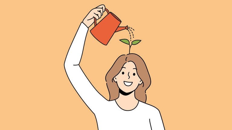 Eine Frau gießt eine Pflanze die aus ihrem Kopf wächst