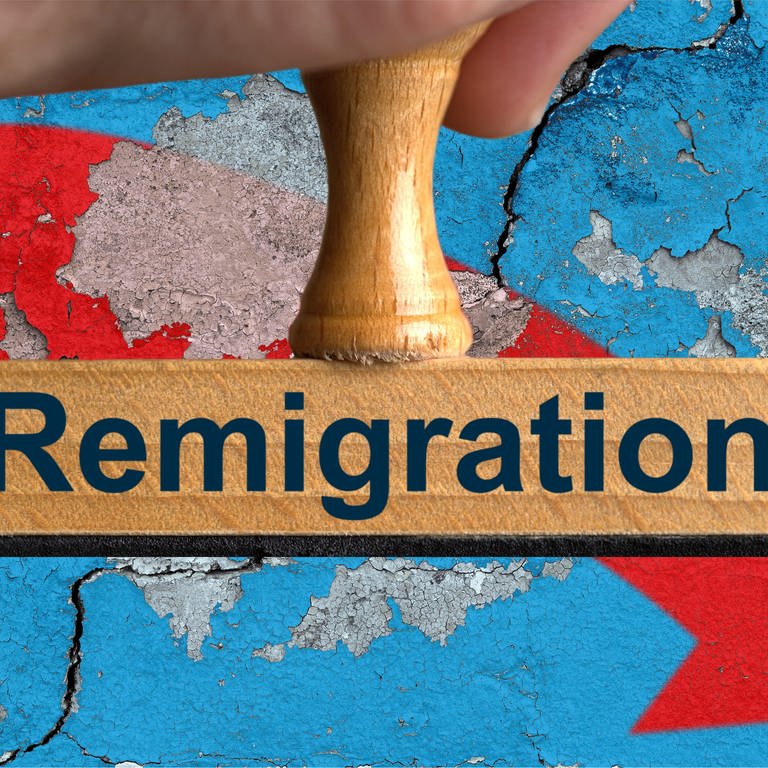Ein symbolischer Holzstempel mit der Aufschrift "Remigration",
