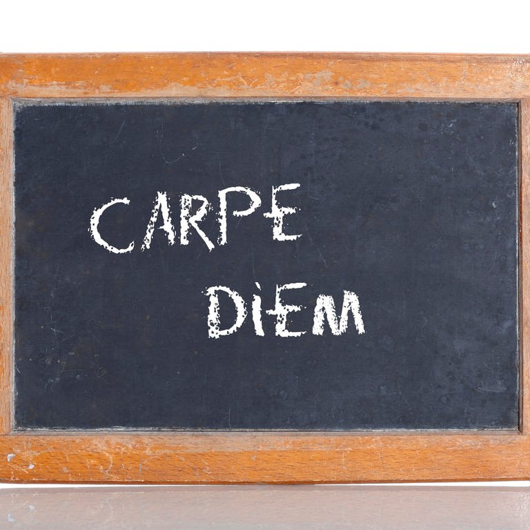 Alte Schultafel mit Aufschrift "CARPE DIEM"
