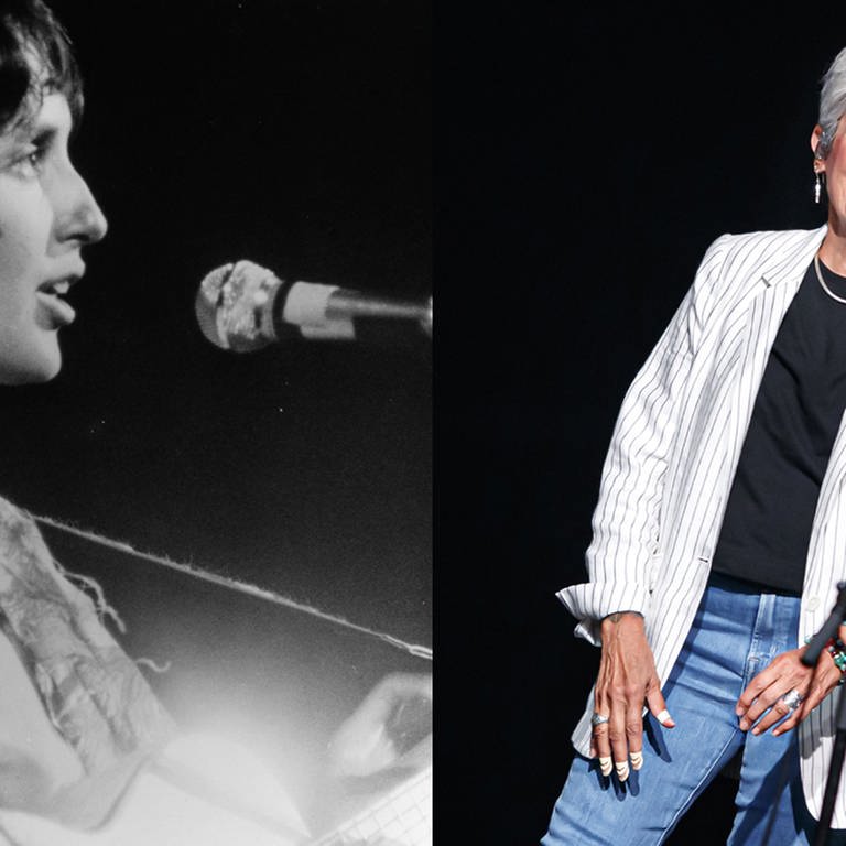 Große Karrieren: Joan Baez. Links: 1969 beim Woodstock-Festival; rechts: 2019 in Montreux (Foto: dpa Bildfunk, akg-images; Valentin Flauraud)