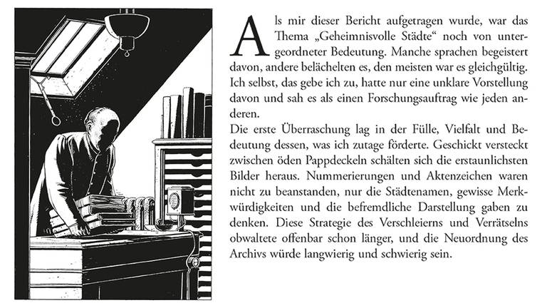 Seiten aus der Graphic Novel „Der Archivar (Die geheimnisvollen Städte)“