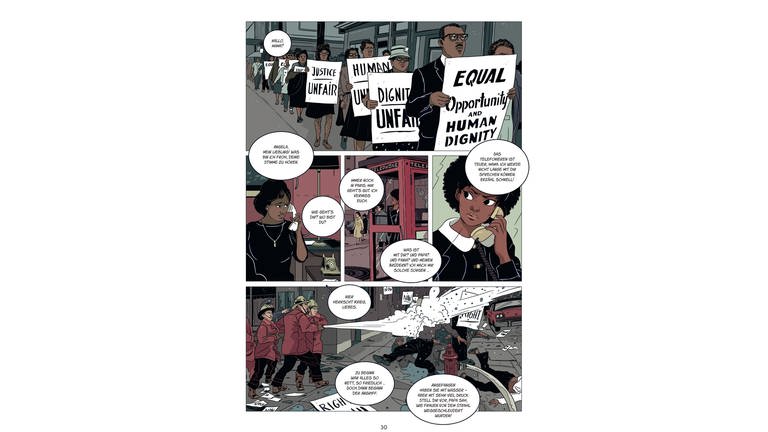 Illustrationen aus der Graphic Novel „Gejagt – Die Flucht der Angela Davis“ (Foto: Pressestelle, Cross Cult)