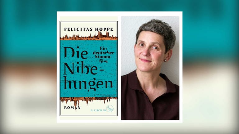 Die Autorin Felicitas Hoppe neben dem Cover ihres Romans "Die Nibelungen. Ein deutscher Stummfilm"