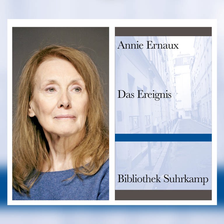 Die Autorin Annie Ernaux und das Cover ihres Buches "Das Ereignis" (Foto: Suhrkamp Verlag/Olivier Roller)
