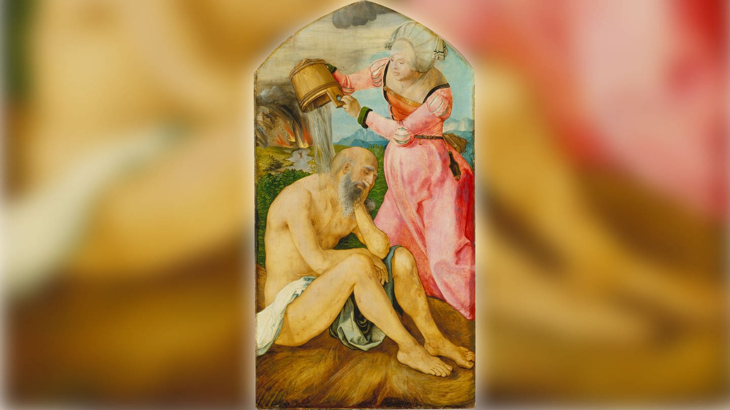 Gemälde von Albrecht Dürer auf dem der alte Hiob am Boden sitzend von seiner Gattin einen Wasserguss verabreicht bekommt. (Foto: Städel Museum, Frankfurt am Main)