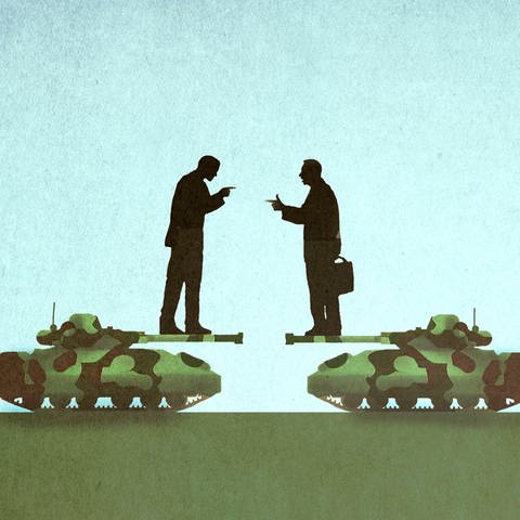 Gezeichnete Panzer, auf denen zwei Männer stehen, die diskutieren