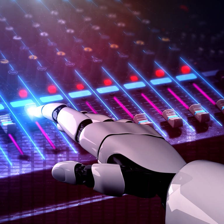 AUFZEICHNUNGSDATUM NICHT ANGEGEBEN 3D-Rendering-Roboter-Discjockey-Hand am DJ-Mixer, Nahaufnahme im Nachtclub während der Party. (Foto: IMAGO, IMAGO / ingimage)