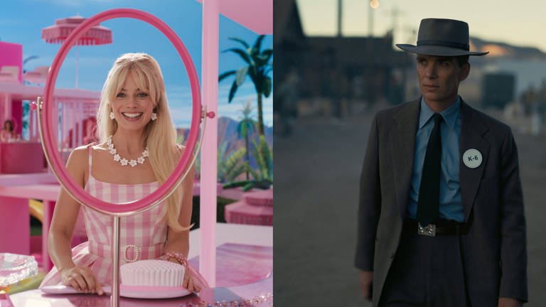 Ein Filmstill aus Barbie (2023) und ein Filmstill aus Oppenheimer (2023)